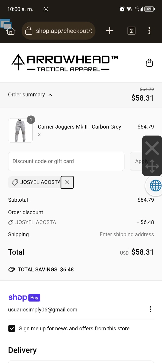 Arrowhead Tactical Apparel discount code screenshot showing code JOSYELIACOSTA applied at Arrowhead Tactical Apparel checkout page. Uploaded by SimplyCodes community member Usuario_simply on Apr 21, 2025