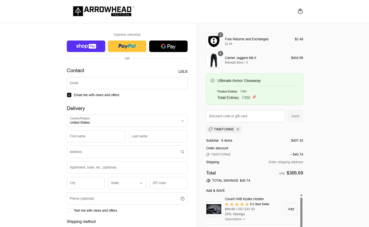 Arrowhead Tactical Apparel discount code screenshot showing code TIMEFORME applied at Arrowhead Tactical Apparel checkout page. Uploaded by SimplyCodes community member vergil_777 on Aug 27, 2025