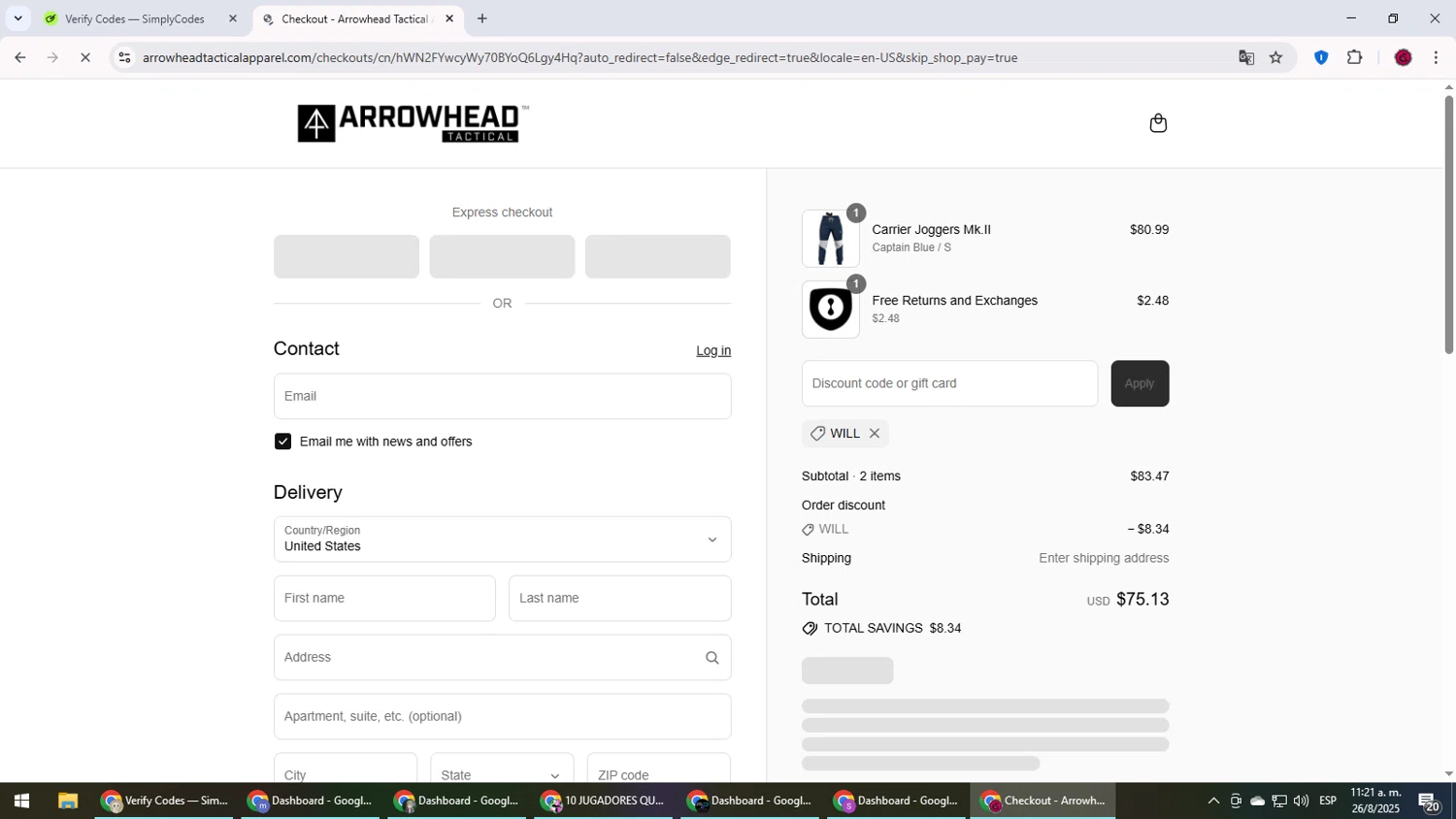 Arrowhead Tactical Apparel discount code screenshot showing code WILL applied at Arrowhead Tactical Apparel checkout page. Uploaded by SimplyCodes community member MightyLegend6657 on Aug 26, 2025