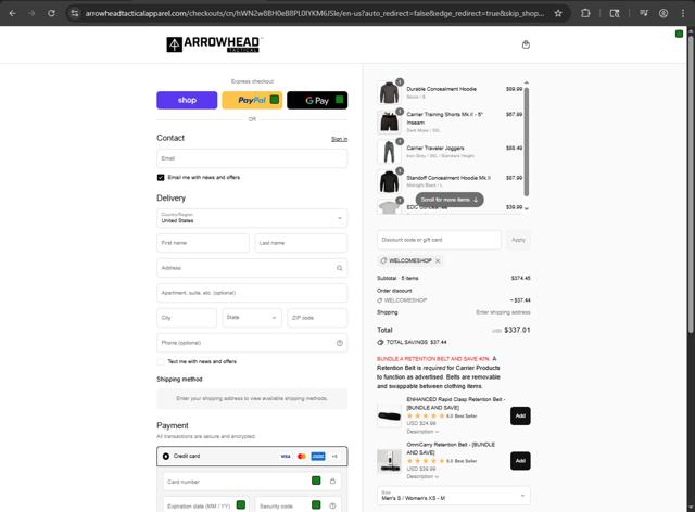 Arrowhead Tactical Apparel checkout page showing Arrowhead Tactical Apparel discount code box | Screenshot taken by SimplyCodes community member on Sep 13, 2025