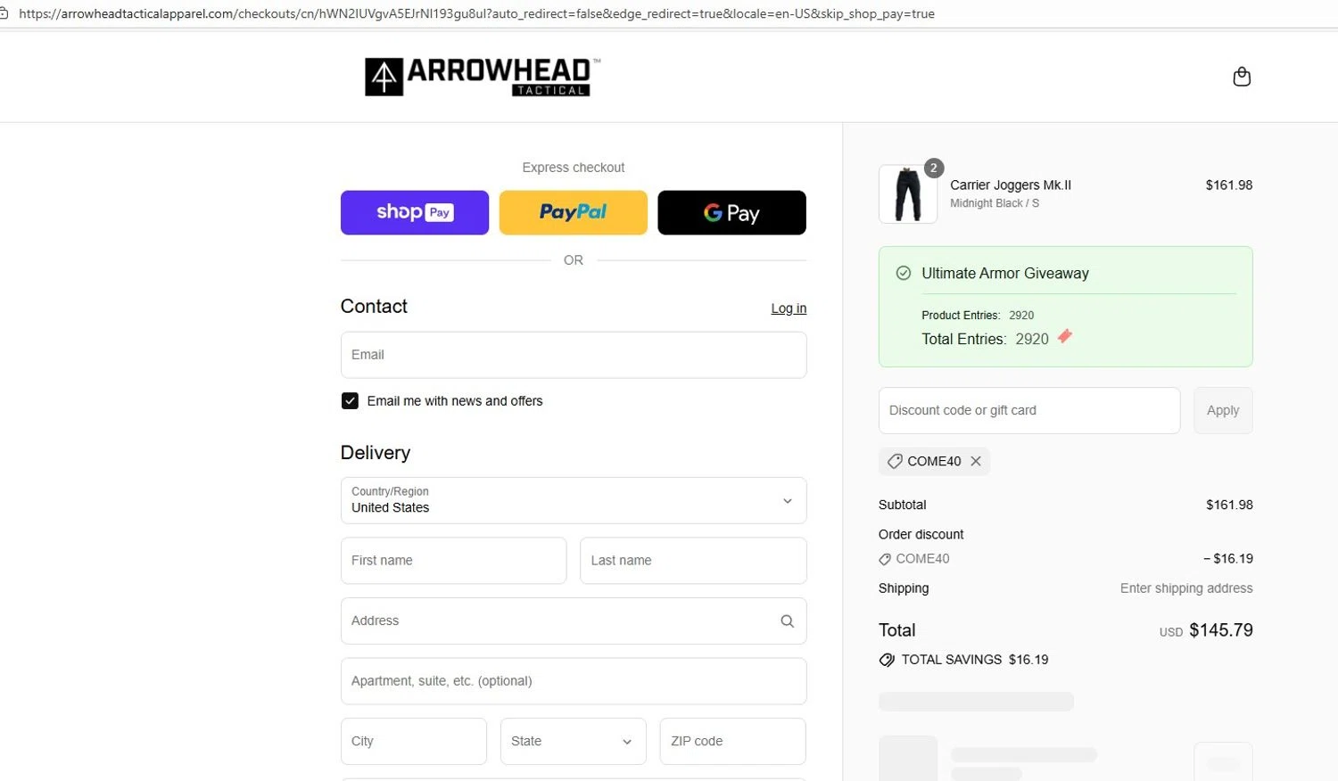 Arrowhead Tactical Apparel discount code screenshot showing code COME40 applied at Arrowhead Tactical Apparel checkout page. Uploaded by SimplyCodes community member Jesus_Lara on Aug 27, 2025