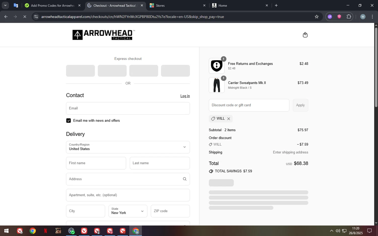 Arrowhead Tactical Apparel discount code screenshot showing code WILL applied at Arrowhead Tactical Apparel checkout page. Uploaded by SimplyCodes community member Lamine_Yamal28 on Aug 26, 2025