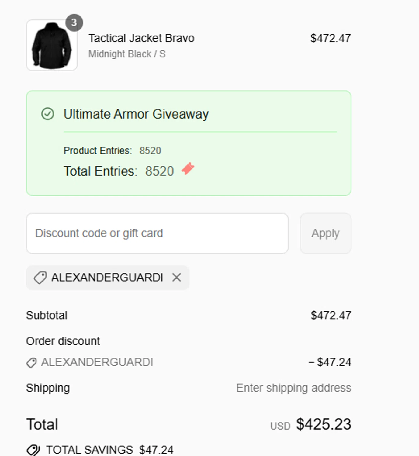 Arrowhead Tactical Apparel discount code screenshot showing code ALEXANDERGUARDI applied at Arrowhead Tactical Apparel checkout page. Uploaded by SimplyCodes community member LeonelGuardia on Aug 27, 2025