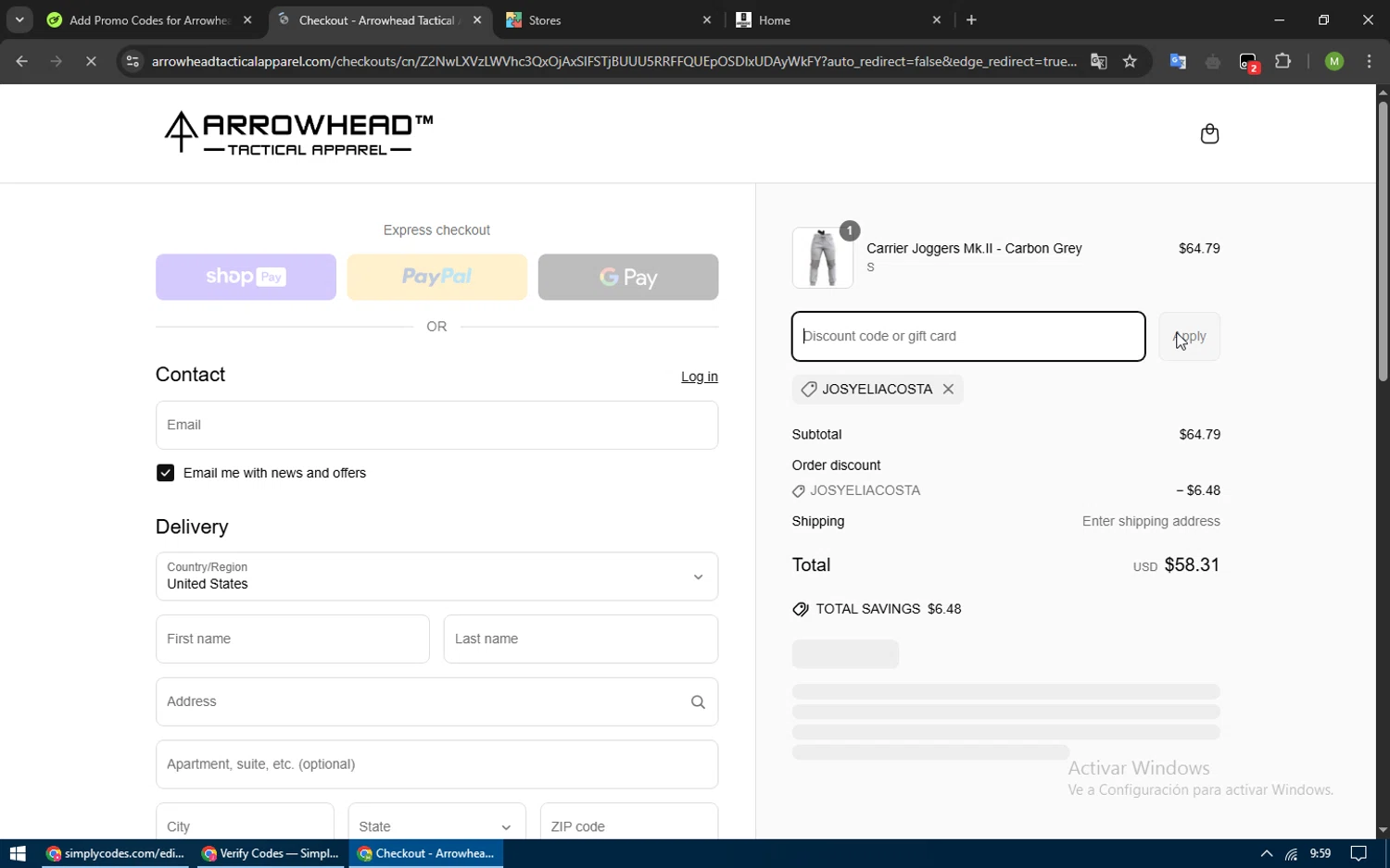 Arrowhead Tactical Apparel discount code screenshot showing code JOSYELIACOSTA applied at Arrowhead Tactical Apparel checkout page. Uploaded by SimplyCodes community member CodeMonarch3919 on Apr 21, 2025