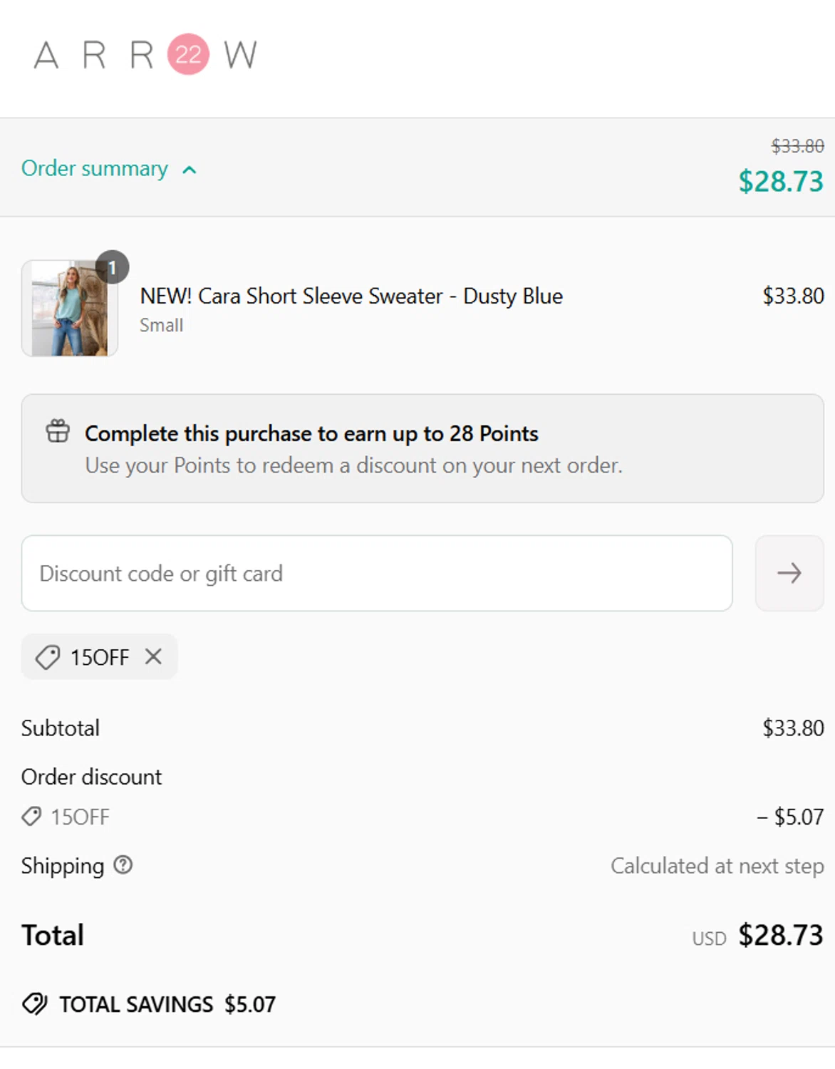 Arrow 22 coupon code screenshot showing code 15OFF applied at Arrow 22 checkout page. Uploaded by SimplyCodes community member Sethrollins on Mar 19, 2025