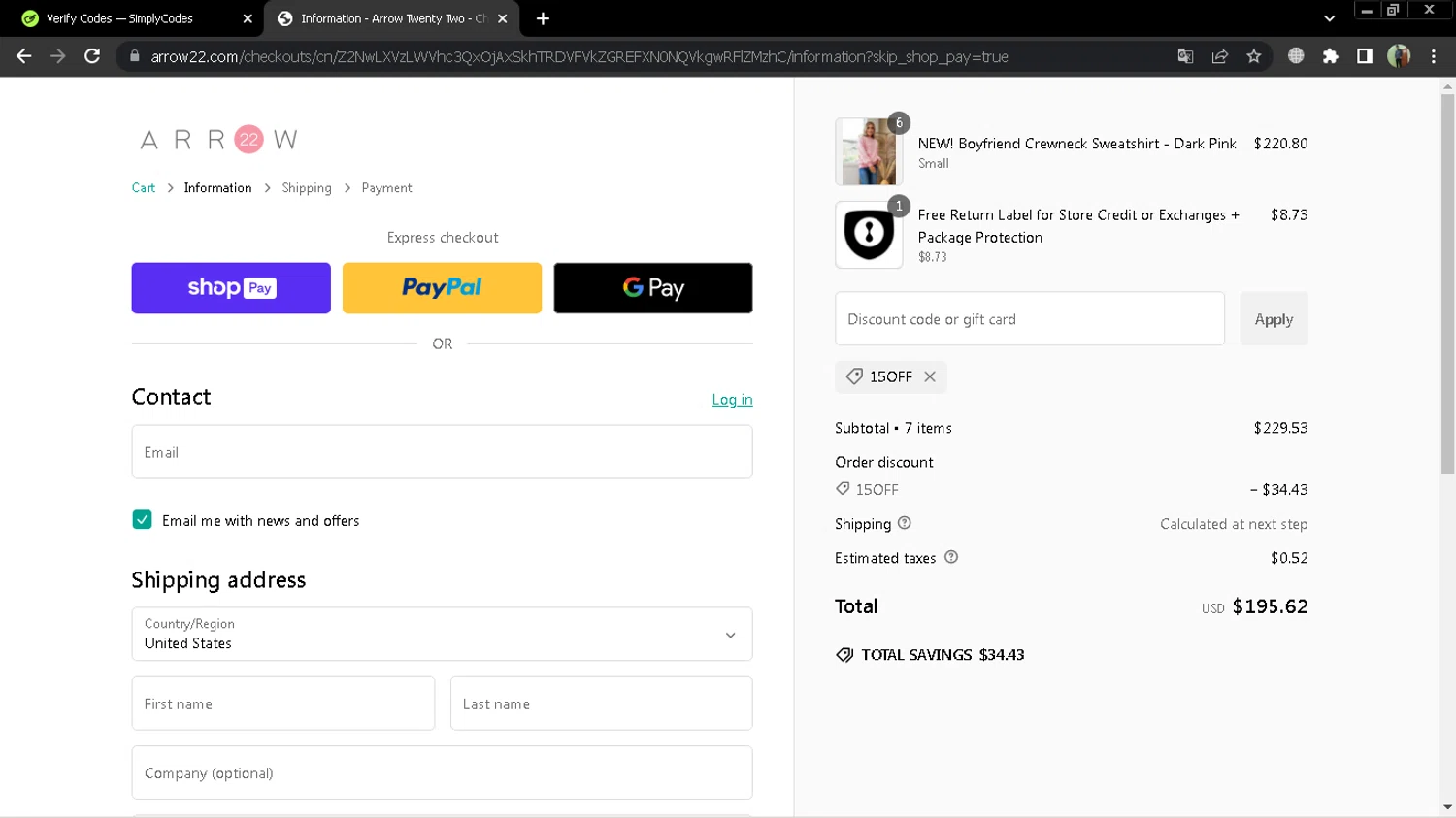 Arrow 22 coupon code screenshot showing code 15OFF applied at Arrow 22 checkout page. Uploaded by SimplyCodes community member MoneySentinel7597 on Jan 17, 2025