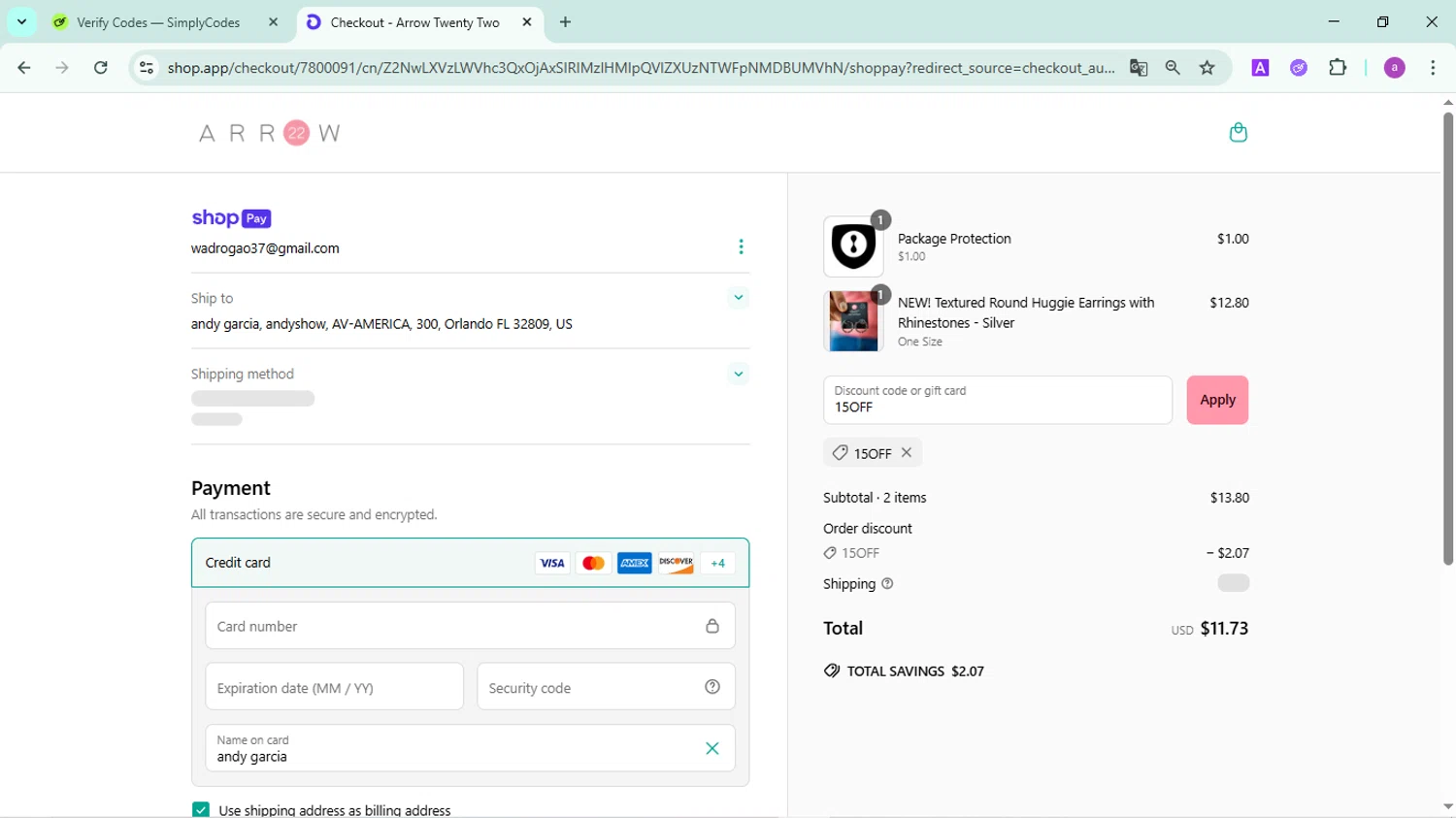 Arrow 22 coupon code screenshot showing code 15OFF applied at Arrow 22 checkout page. Uploaded by SimplyCodes community member FortunatePilot2384 on May 5, 2025