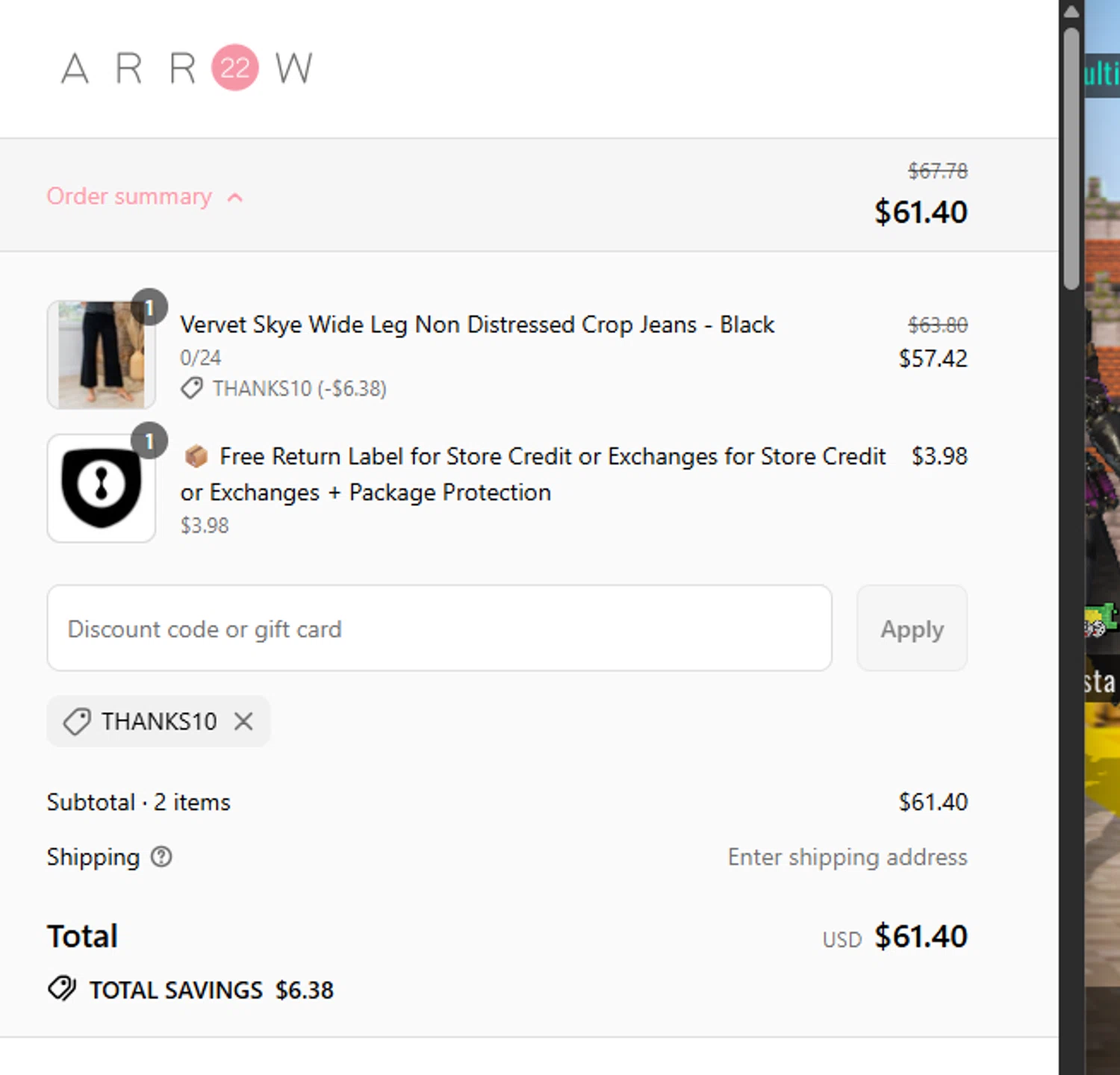 Arrow 22 coupon code screenshot showing code THANKS10 applied at Arrow 22 checkout page. Uploaded by SimplyCodes community member Guacamole_Picante on Aug 1, 2025