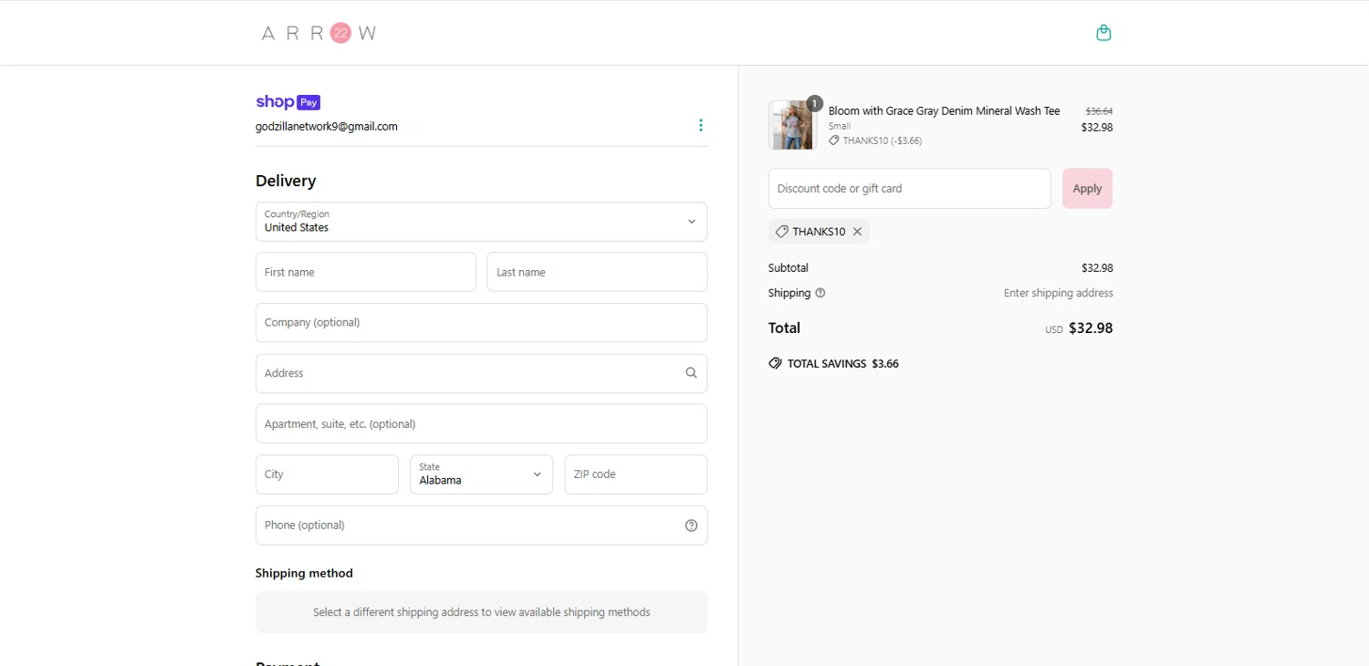 Arrow 22 coupon code screenshot showing code THANKS10 applied at Arrow 22 checkout page. Uploaded by SimplyCodes community member Wolffire on Jun 16, 2025
