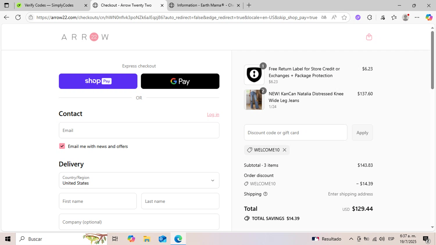 Arrow 22 coupon code screenshot showing code WELCOME10 applied at Arrow 22 checkout page. Uploaded by SimplyCodes community member DiscountCurator2907 on Jul 19, 2025