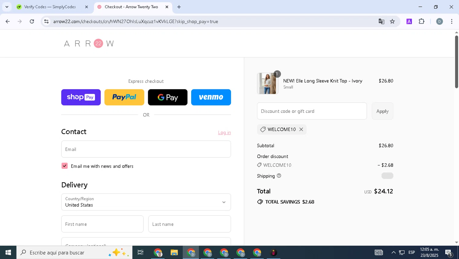 Arrow 22 coupon code screenshot showing code WELCOME10 applied at Arrow 22 checkout page. Uploaded by SimplyCodes community member SavvyWizard1706 on Aug 23, 2025