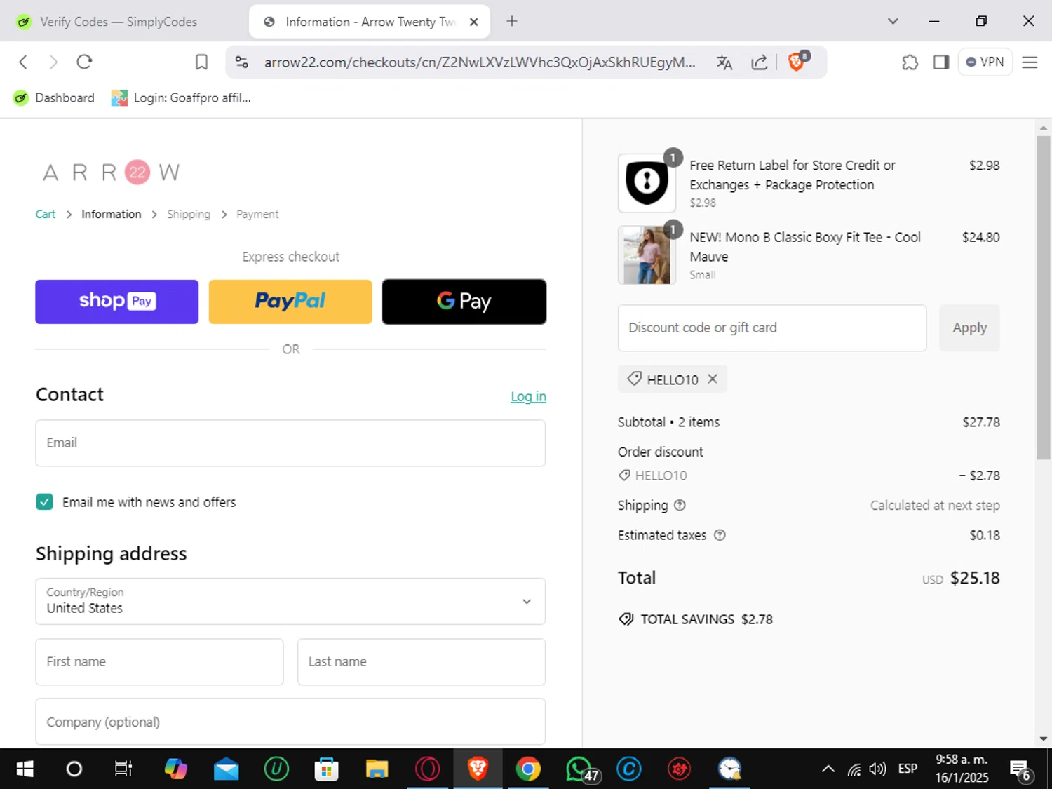 Arrow 22 coupon code screenshot showing code HELLO10 applied at Arrow 22 checkout page. Uploaded by SimplyCodes community member Sungjinwoo on Jan 16, 2025