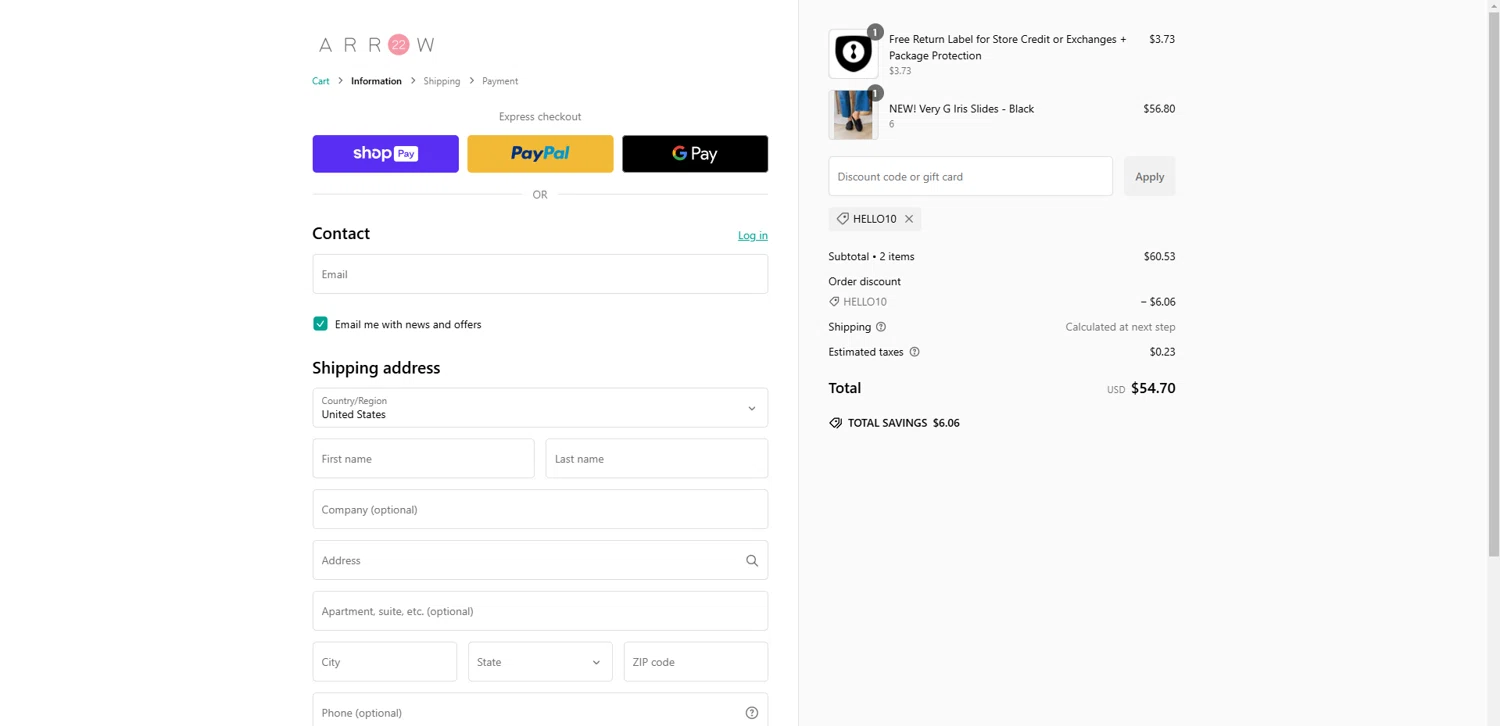 Arrow 22 coupon code screenshot showing code HELLO10 applied at Arrow 22 checkout page. Uploaded by SimplyCodes community member BonusCollector7885 on Jan 23, 2025