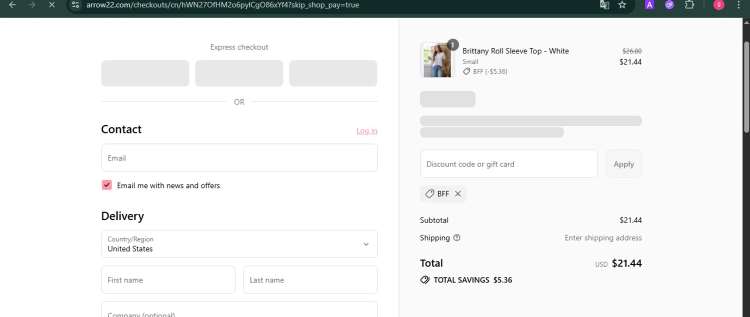 Arrow 22 coupon code screenshot showing code BFF applied at Arrow 22 checkout page. Uploaded by SimplyCodes community member MoneyFalcon481 on Aug 23, 2025