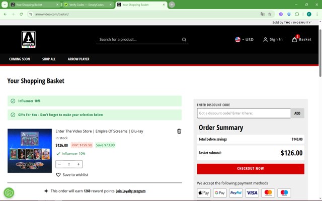 Arrow Video checkout page showing Arrow Video promo code box | Screenshot taken by SimplyCodes community member on Aug 31, 2025
