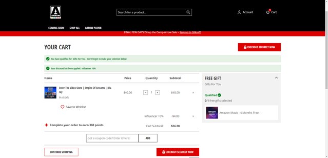 Arrow Video checkout page showing Arrow Video promo code box | Screenshot taken by SimplyCodes community member on Jul 25, 2025