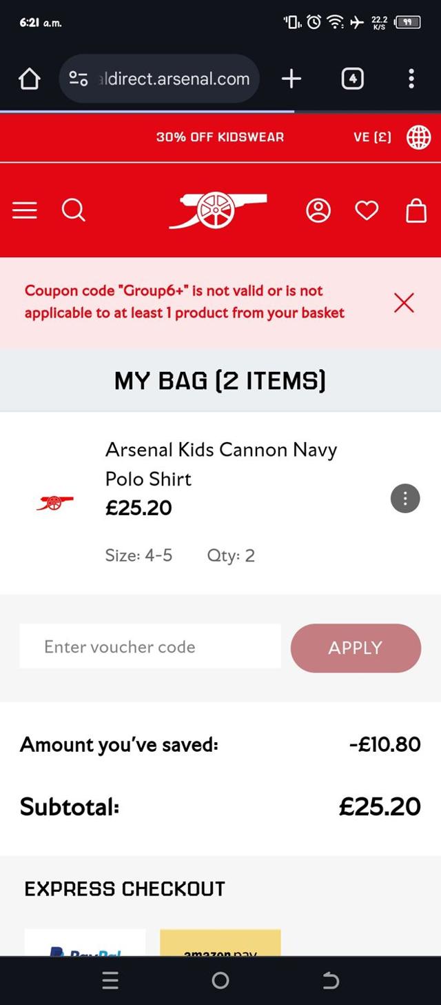 Arsenal Football Club checkout page showing Arsenal Football Club promo code box | Screenshot taken by SimplyCodes community member on Sep 3, 2024