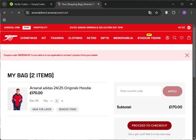 Arsenal Football Club checkout page showing Arsenal Football Club promo code box | Screenshot taken by SimplyCodes community member on Nov 1, 2024