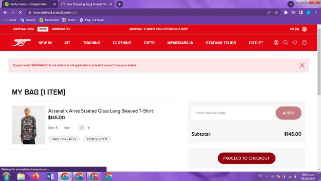 Arsenal Football Club checkout page showing Arsenal Football Club promo code box | Screenshot taken by SimplyCodes community member on Oct 3, 2024