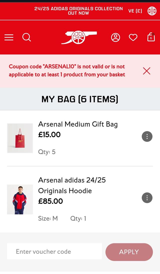 Arsenal Football Club checkout page showing Arsenal Football Club promo code box | Screenshot taken by SimplyCodes community member on Nov 1, 2024