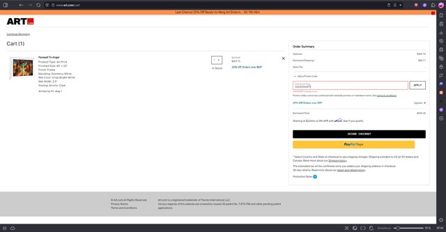 Art.com checkout page showing Art.com promo code box | Screenshot taken by SimplyCodes community member on Jul 25, 2025