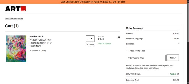 Art.com checkout page showing Art.com promo code box | Screenshot taken by SimplyCodes community member on Jul 25, 2025
