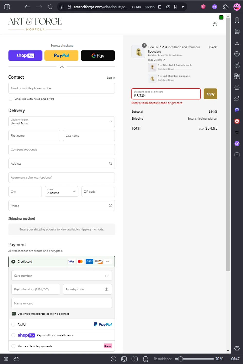 Art and Forge promo code screenshot showing code FIRST20 applied at Art and Forge checkout page. Uploaded by SimplyCodes community member kaiserser on Jun 29, 2025