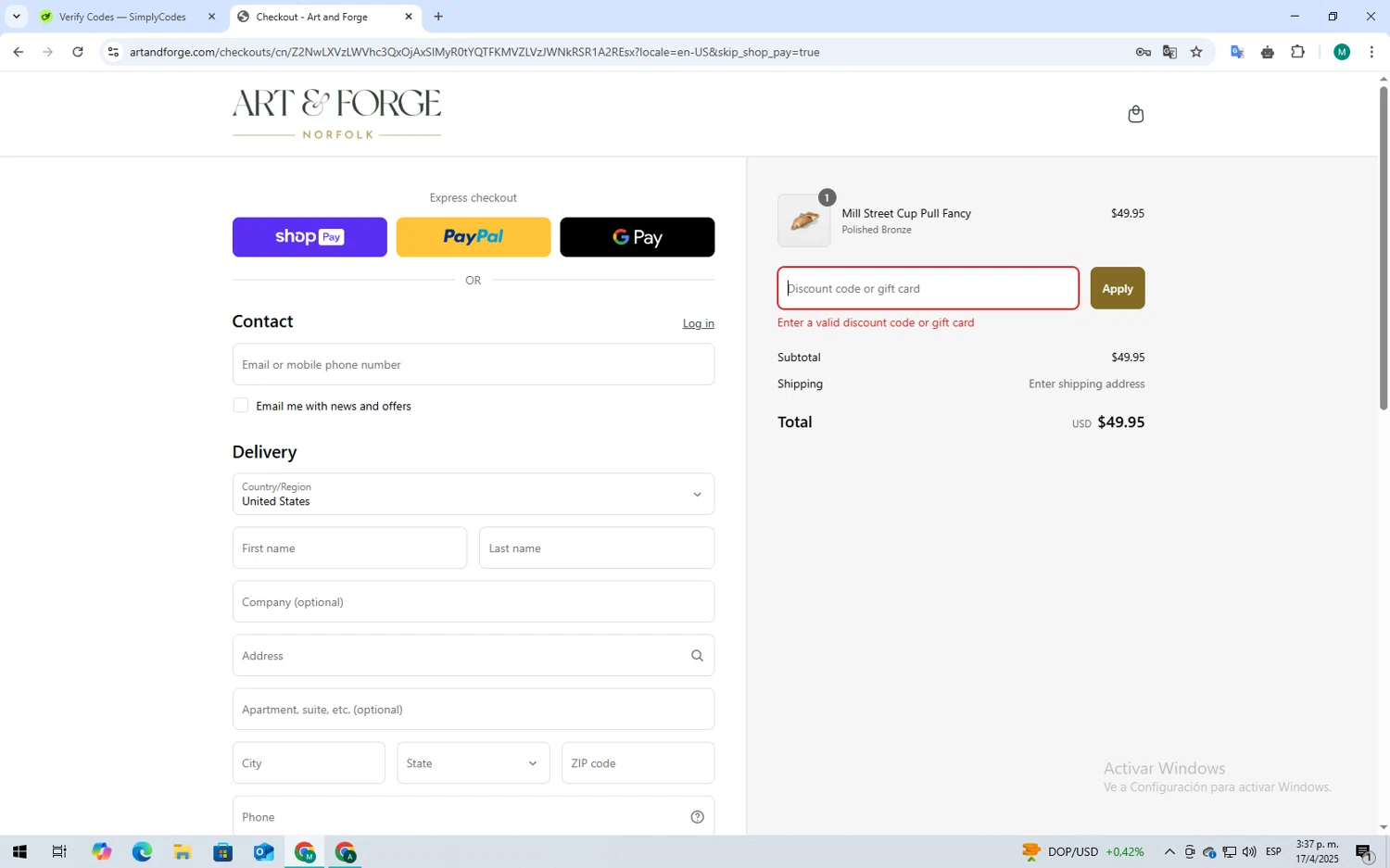 Art and Forge promo code screenshot showing code FIRST15 applied at Art and Forge checkout page. Uploaded by SimplyCodes community member mariaauxiliadorahen on Apr 17, 2025