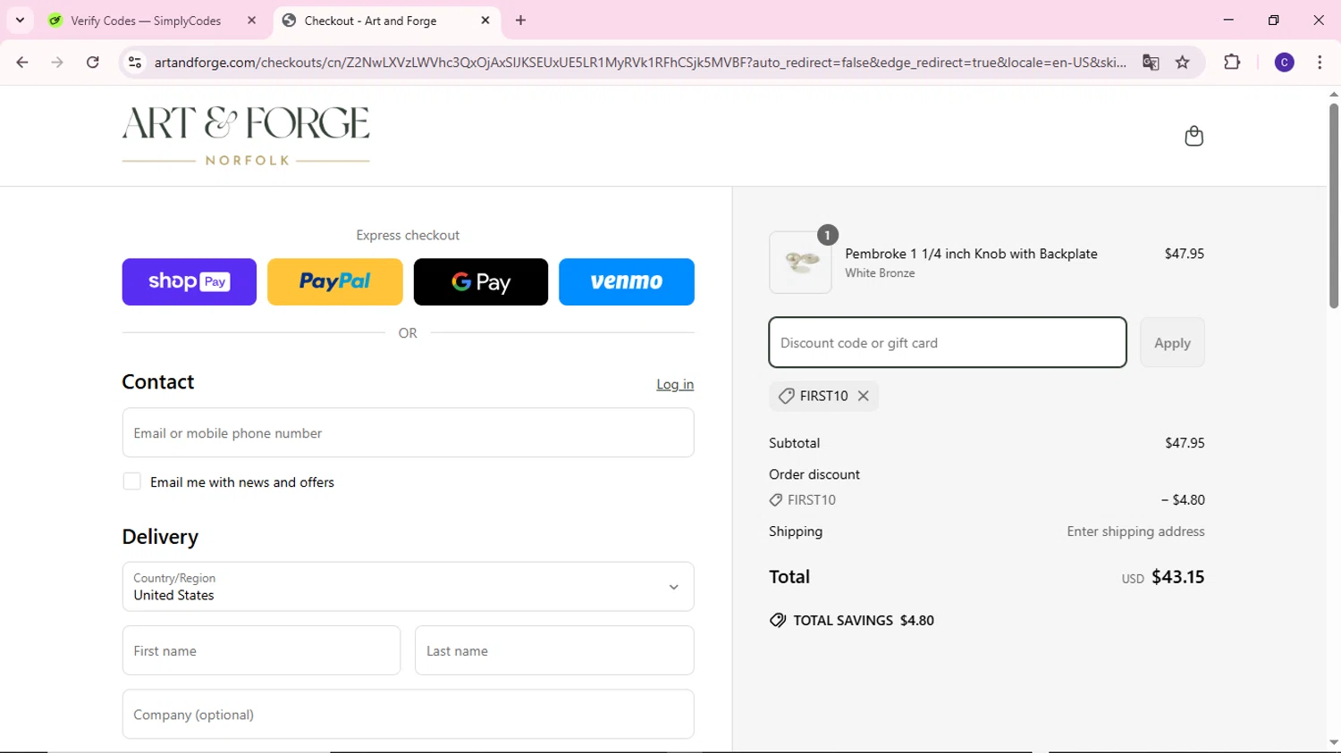Art and Forge promo code screenshot showing code FIRST10 applied at Art and Forge checkout page. Uploaded by SimplyCodes community member MoneyWizard2699 on Apr 11, 2025