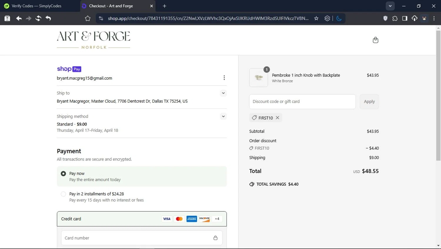 Art and Forge promo code screenshot showing code FIRST10 applied at Art and Forge checkout page. Uploaded by SimplyCodes community member USER_RANDON on Apr 11, 2025