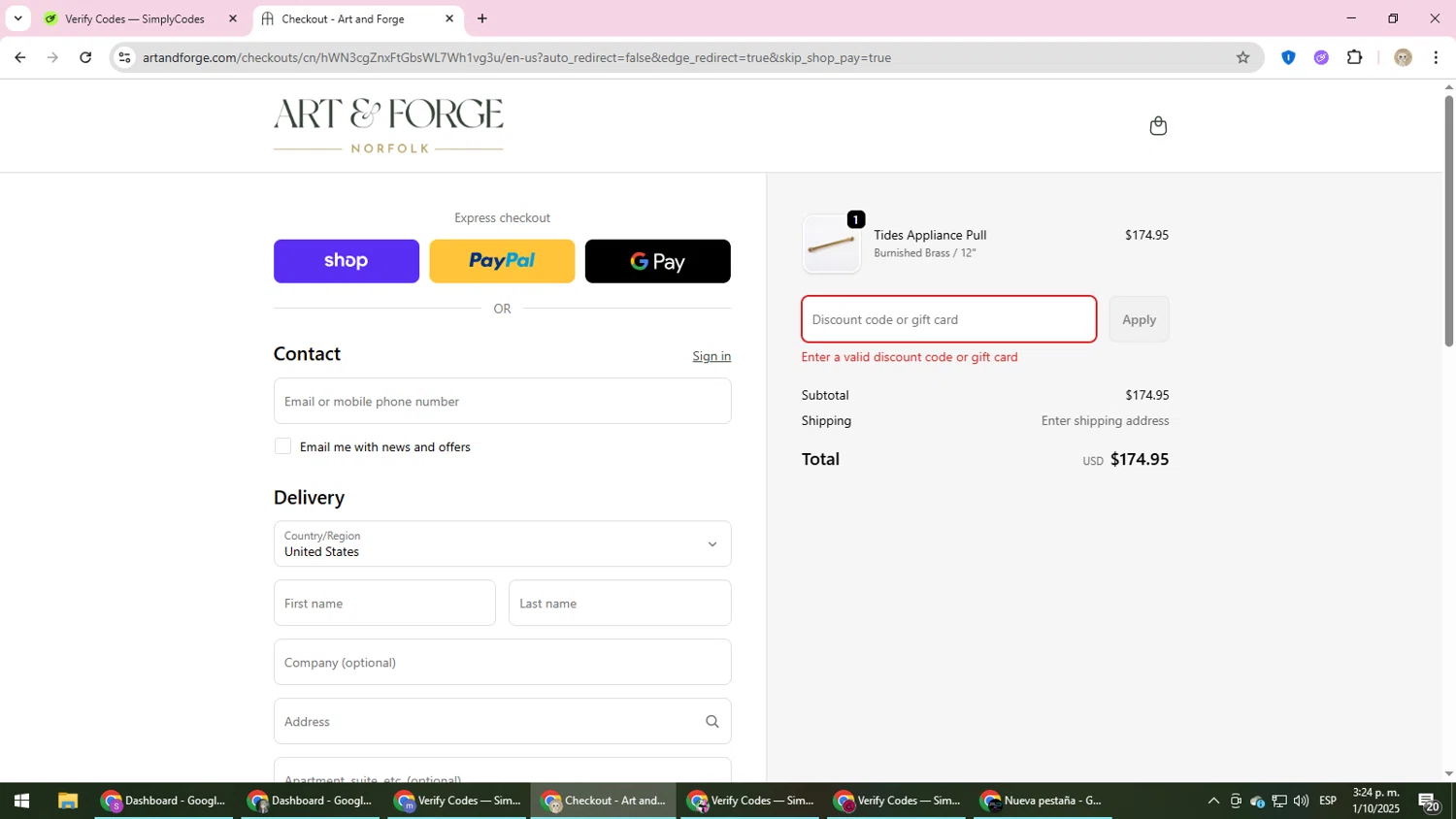 Art and Forge promo code screenshot showing code XWSSWMNH applied at Art and Forge checkout page. Uploaded by SimplyCodes community member NobleScholar4826 on Oct 1, 2025