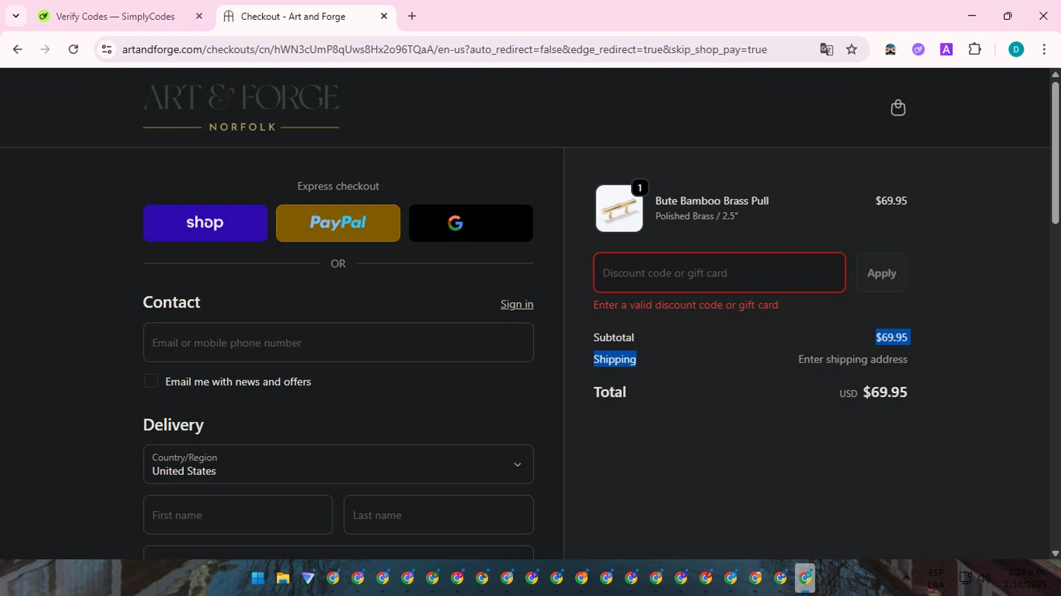 Art and Forge promo code screenshot showing code XWSSWMNH applied at Art and Forge checkout page. Uploaded by SimplyCodes community member ShrewdTracker5871 on Oct 1, 2025