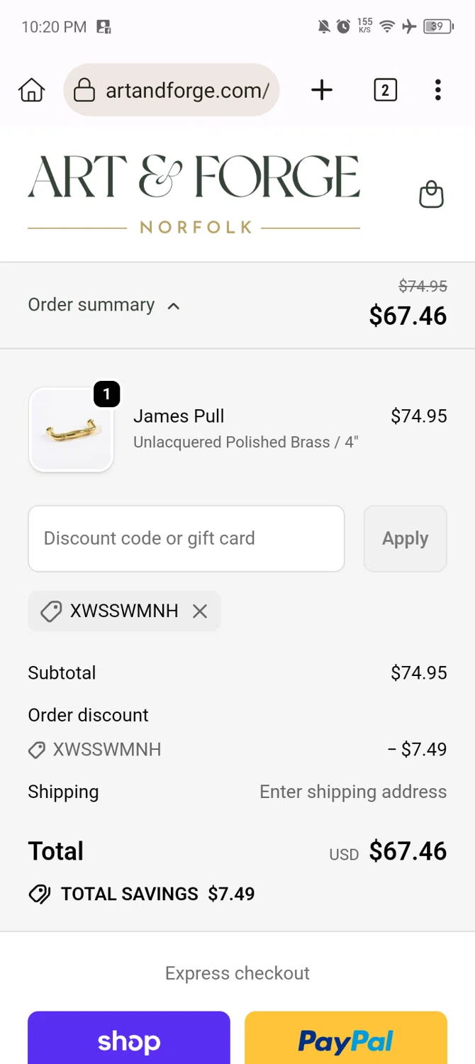 Art and Forge promo code screenshot showing code XWSSWMNH applied at Art and Forge checkout page. Uploaded by SimplyCodes community member MRDEAL on Sep 25, 2025