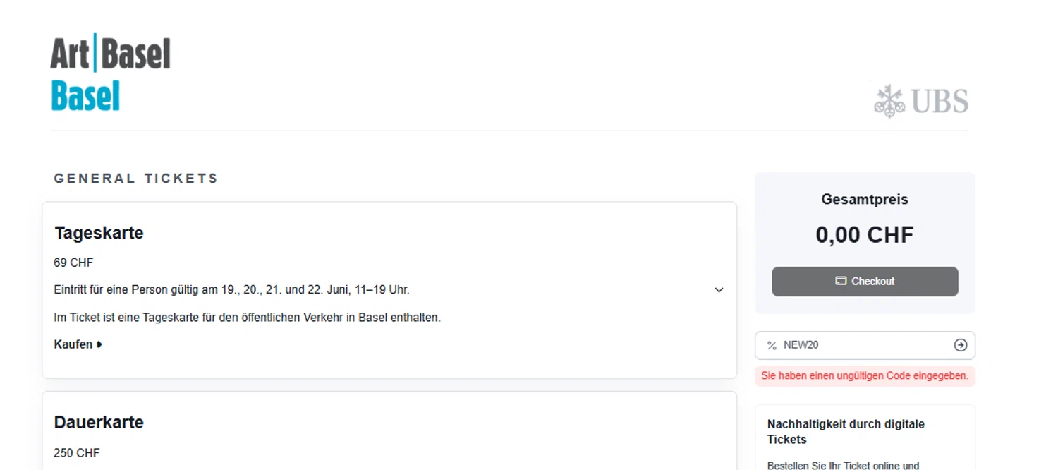 Art Basel promo code screenshot showing code NEW20 applied at Art Basel checkout page. Uploaded by SimplyCodes community member Toundjiale on Mar 26, 2025