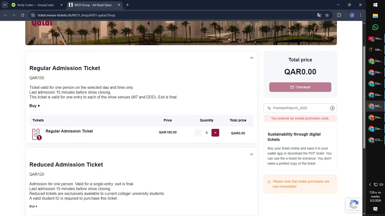 Art Basel promo code screenshot showing code PremiumPass10_2025 applied at Art Basel checkout page. Uploaded by SimplyCodes community member CouponGuardian8137 on Feb 3, 2026