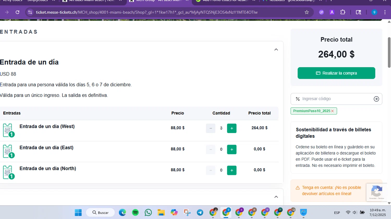 Art Basel promo code screenshot showing code PremiumPass10_2025 applied at Art Basel checkout page. Uploaded by SimplyCodes community member FrugalVirtuoso6318 on Dec 7, 2025