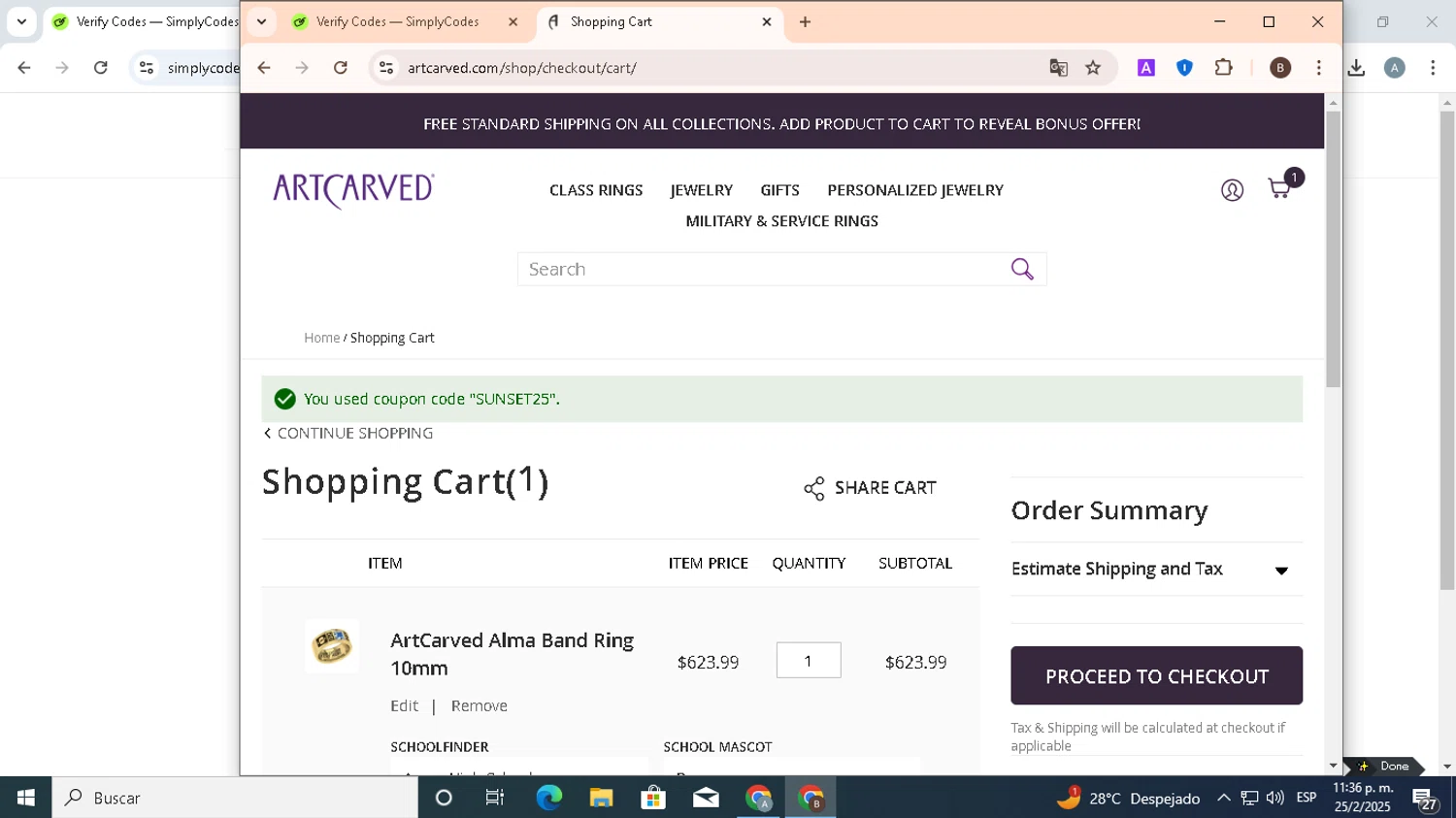 ArtCarved coupon code screenshot showing code SUNSET25 applied at ArtCarved checkout page. Uploaded by SimplyCodes community member KHAL_DROGO on Feb 26, 2025