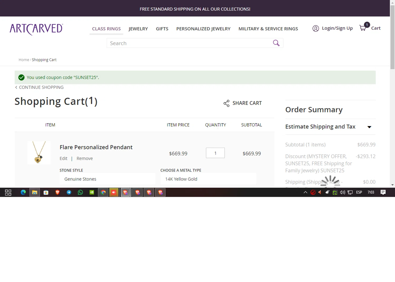 ArtCarved coupon code screenshot showing code SUNSET25 applied at ArtCarved checkout page. Uploaded by SimplyCodes community member Doomslayer on Jan 5, 2025