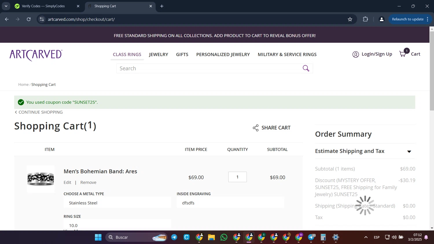 ArtCarved coupon code screenshot showing code SUNSET25 applied at ArtCarved checkout page. Uploaded by SimplyCodes community member CleverFalcon6244 on Feb 3, 2025