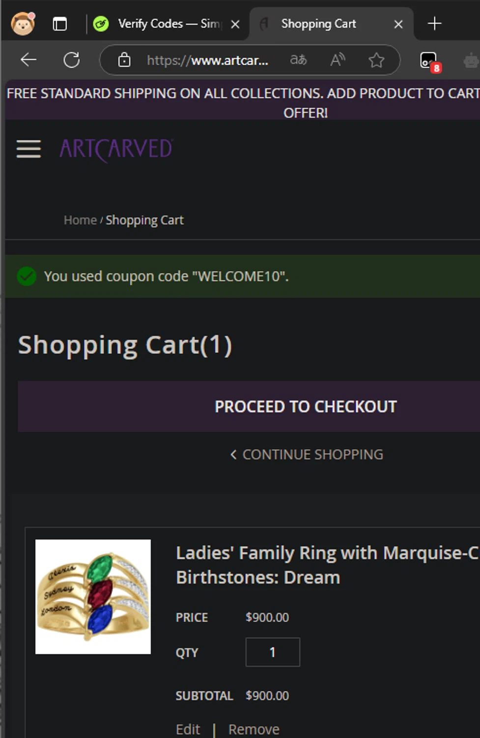 ArtCarved coupon code screenshot showing code WELCOME10 applied at ArtCarved checkout page. Uploaded by SimplyCodes community member PedroNavaja on Feb 26, 2025