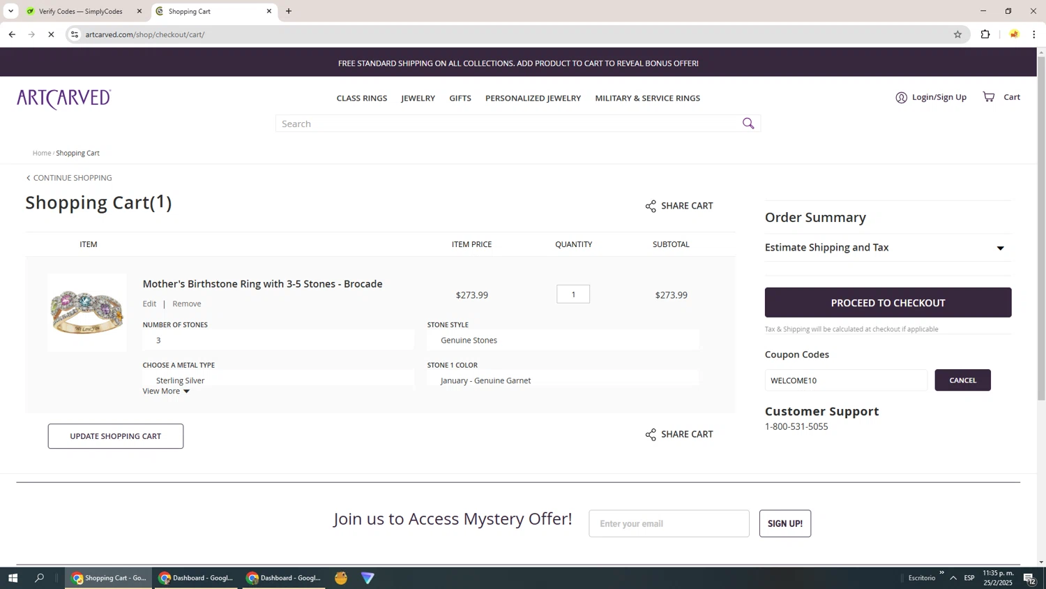 ArtCarved coupon code screenshot showing code WELCOME10 applied at ArtCarved checkout page. Uploaded by SimplyCodes community member Richard251 on Feb 26, 2025