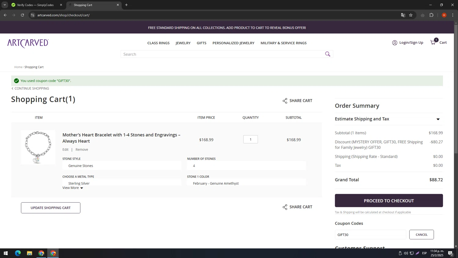 ArtCarved coupon code screenshot showing code GIFT30 applied at ArtCarved checkout page. Uploaded by SimplyCodes community member SIMPLYCODESSS on Feb 26, 2025