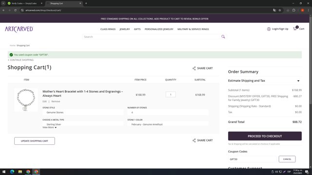 ArtCarved checkout page showing ArtCarved coupon code box | Screenshot taken by SimplyCodes community member on Feb 26, 2025