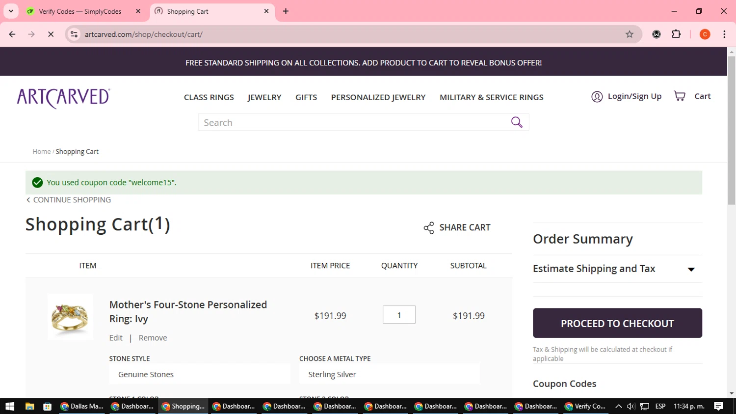 ArtCarved coupon code screenshot showing code welcome15 applied at ArtCarved checkout page. Uploaded by SimplyCodes community member NatanaelCano on Feb 26, 2025