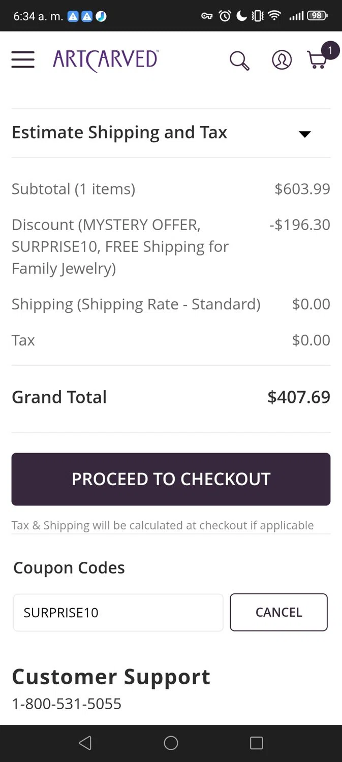 ArtCarved coupon code screenshot showing code SURPRISE10 applied at ArtCarved checkout page. Uploaded by SimplyCodes community member Divino1 on May 4, 2025