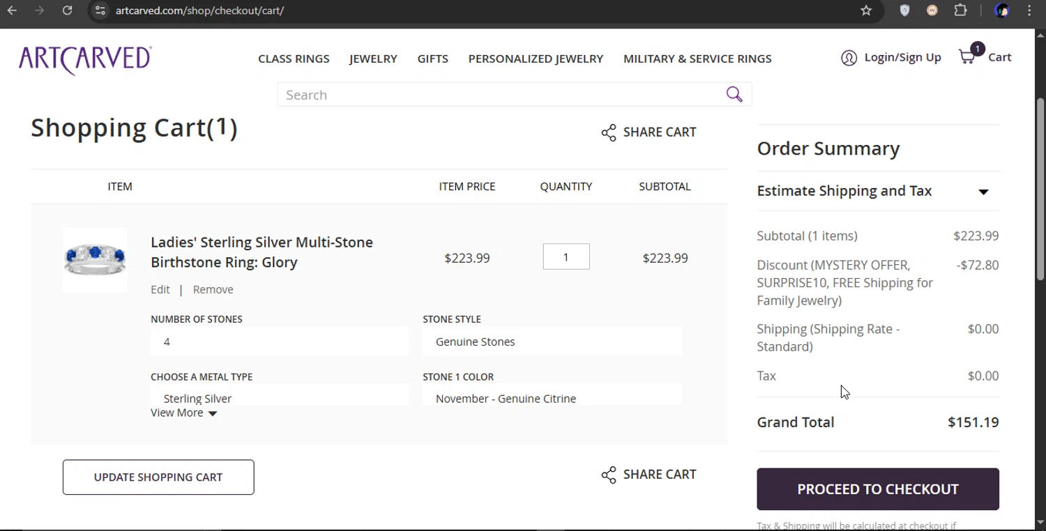 ArtCarved coupon code screenshot showing code SURPRISE10 applied at ArtCarved checkout page. Uploaded by SimplyCodes community member xXSATOXx on Apr 5, 2025