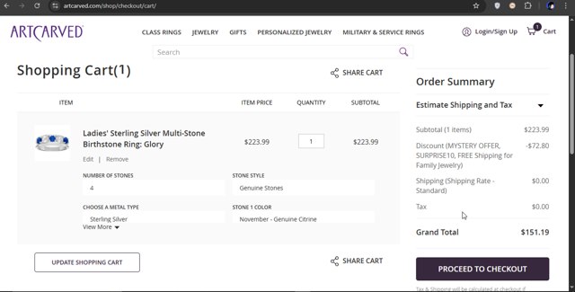 ArtCarved checkout page showing ArtCarved coupon code box | Screenshot taken by SimplyCodes community member on Apr 5, 2025