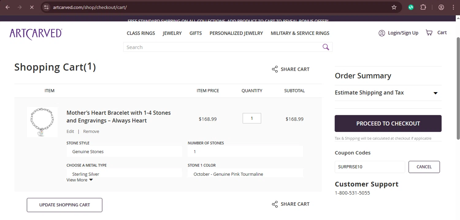 ArtCarved coupon code screenshot showing code SURPRISE10 applied at ArtCarved checkout page. Uploaded by SimplyCodes community member xaswqe on Mar 7, 2025