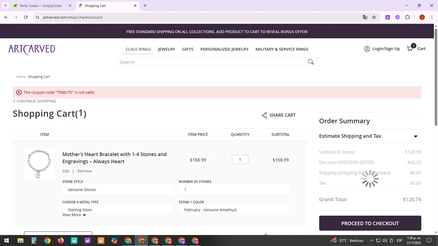 ArtCarved coupon code screenshot showing code TRIBUTE applied at ArtCarved checkout page. Uploaded by SimplyCodes community member MarkZuckerberg on Jul 21, 2025