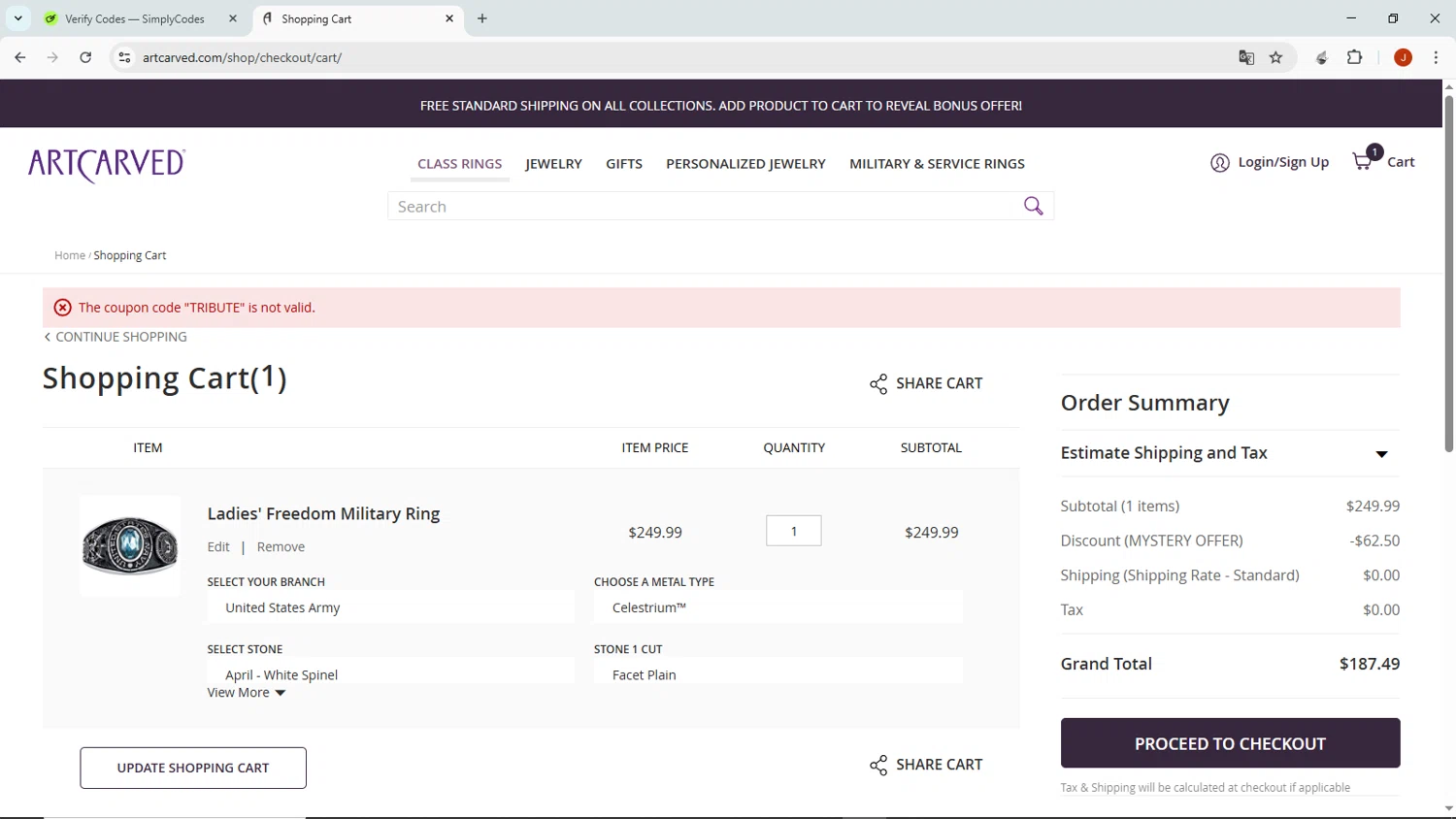 ArtCarved coupon code screenshot showing code TRIBUTE applied at ArtCarved checkout page. Uploaded by SimplyCodes community member NobleMaven802 on Jul 21, 2025